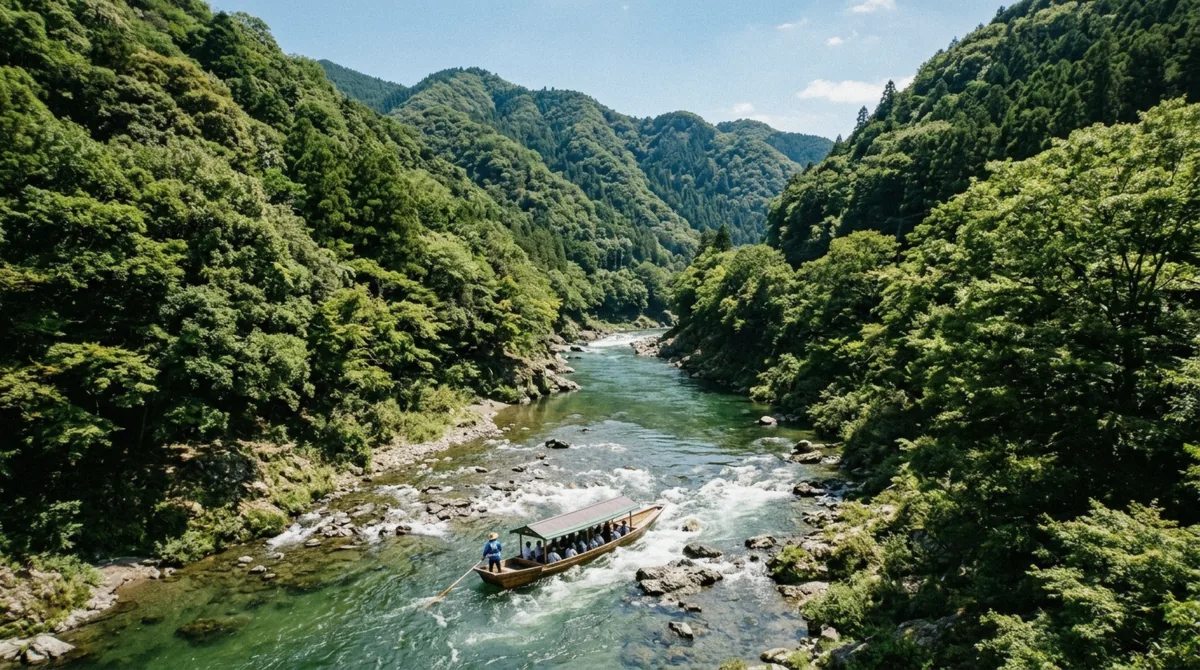 Traditional wooden boat with a standing boatman running a rapid on the Hozugawa river below Arashiyama, Kyoto