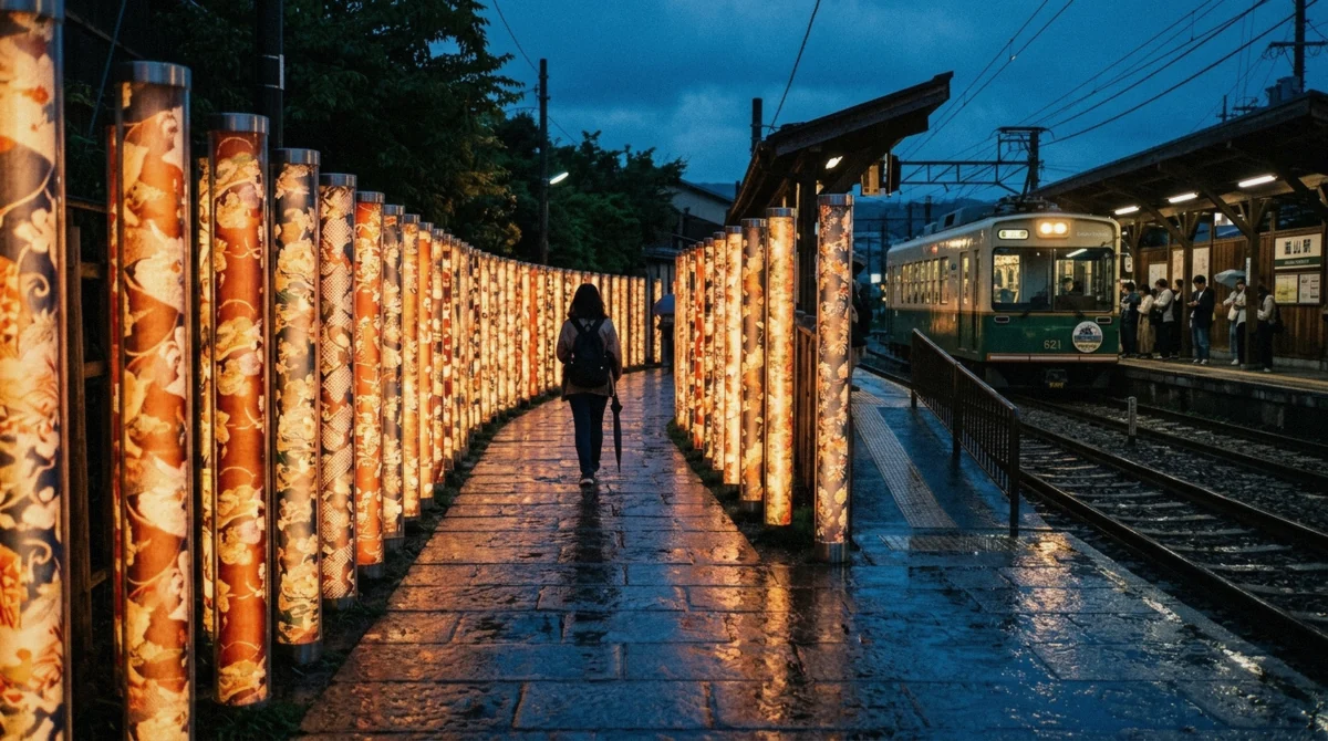 Illuminated kimono-fabric pillars of the Kimono Forest at Randen Arashiyama Station near the Arashiyama Bamboo Forest, Kyoto