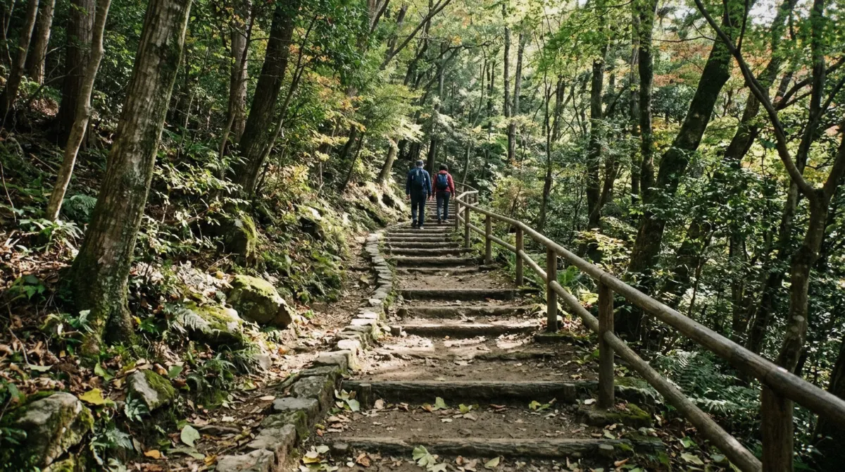Stepped dirt path climbing through trees on the way up to Arashiyama Monkey Park in Kyoto
