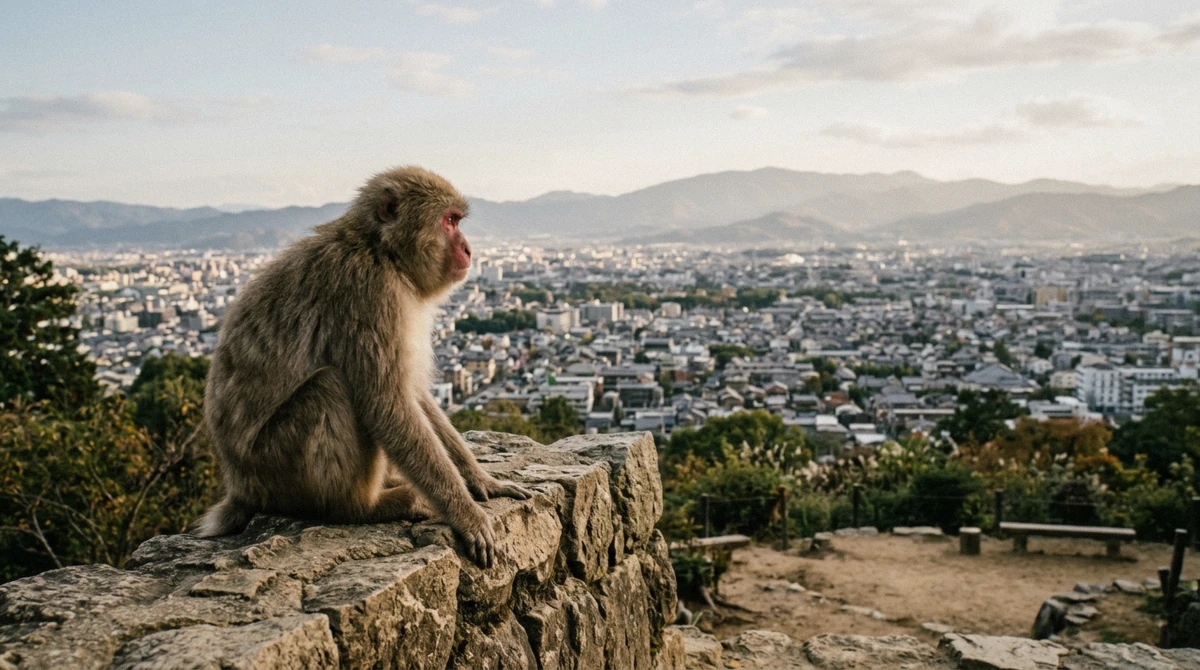 Japanese macaque sitting above the rooftops of Kyoto at Iwatayama Monkey Park near the Arashiyama Bamboo Forest