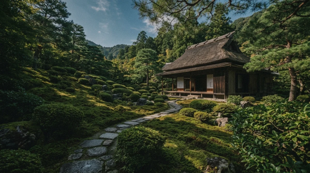 The moss garden and thatched hall at Okochi Sanso Villa above the Arashiyama Bamboo Forest in Kyoto