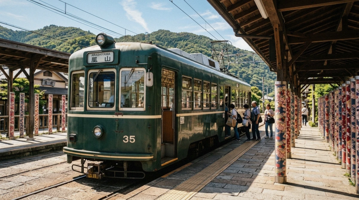 Retro green Randen tram waiting at Arashiyama Station beside the Kimono Forest pillars in Kyoto