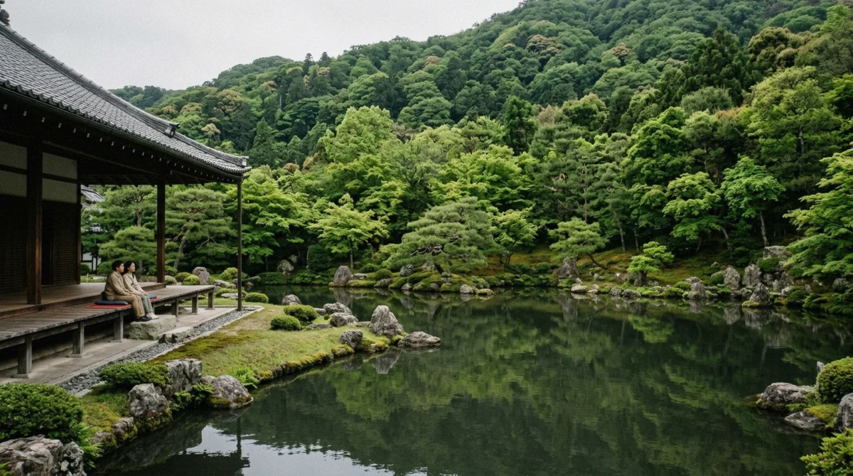 The Sogenchi pond garden at Tenryu-ji temple, whose north gate opens into the Arashiyama Bamboo Forest in Kyoto